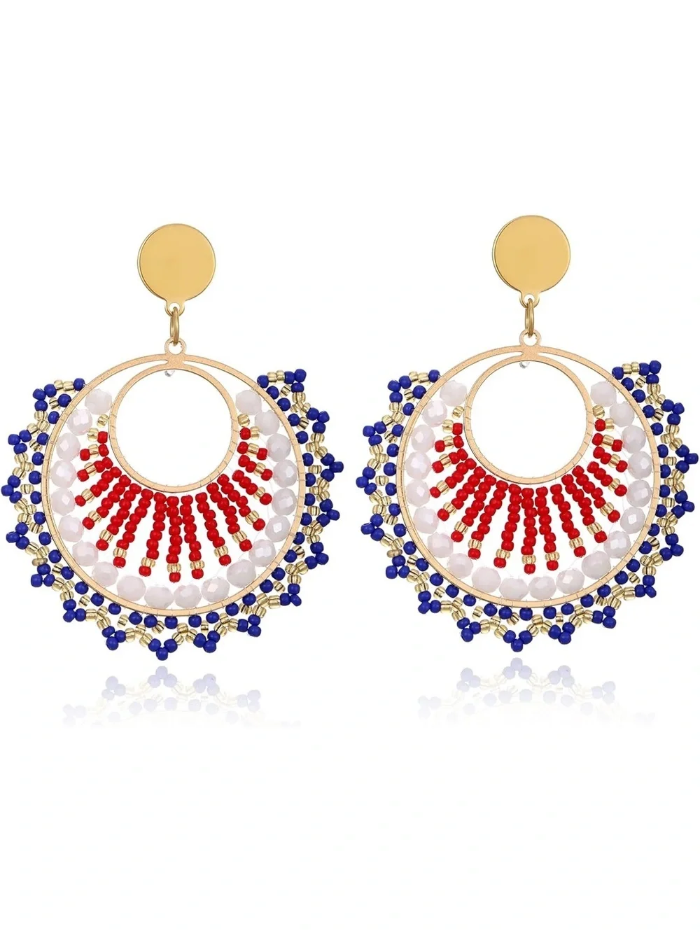 Anthropologie Red White & Blue Beaded Hoop Earrings